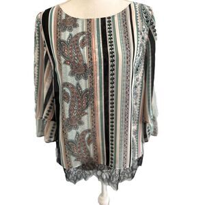 Chico's ARTSY Striped Paisley Lace Trim Blouse Tunic Top  Size 4-6 NWT